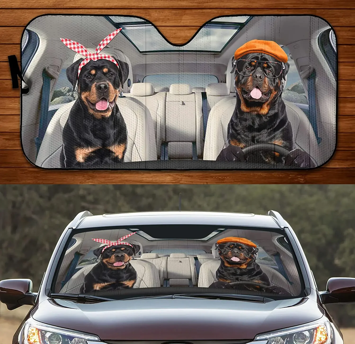 Funny Black Tan Rottweiler Family Left Hand Car Sunshade, Rottweiler Dogs Driving Auto Sun Shade, Gift for Rottweiler Lover, Rot