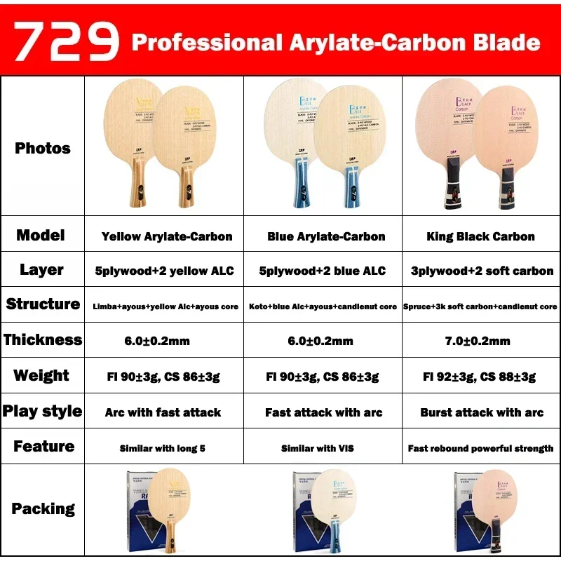 Original 729 amitié jaune ALC lame de Tennis de Table 5 bois 2 Arylate carbone professionnel lame de Ping-Pong bleu ALC Offensive
