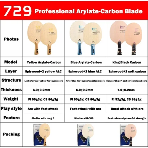 Imagen 2 del producto Original 729 amistad amarillo ALC hoja de tenis de mesa 5 madera 2 Arylate carbono hoja de Ping Pong profesional azul ALC ofensivo