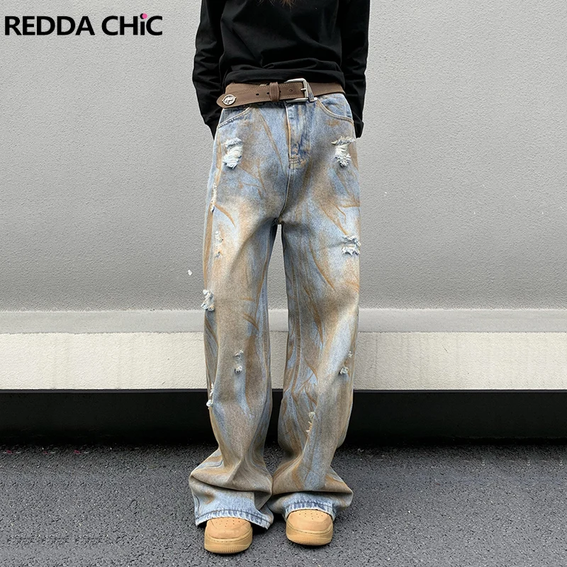 REDDACHiC Dirty Wash Blue Baggy Jeans Men Loose Fit Casual Harajuku Hip Hop Trousers Straight Wide Leg Pants Y2k Vintage Clothes