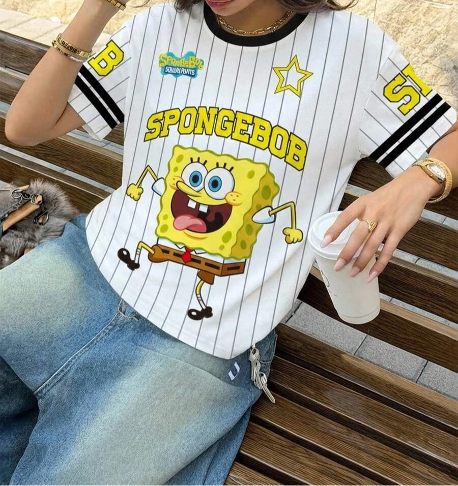 American SpongeBob SquarePants Baseball Style T-shirt Printed Children Adult Parent Child 3D Breathable Fashion Short Sleeve