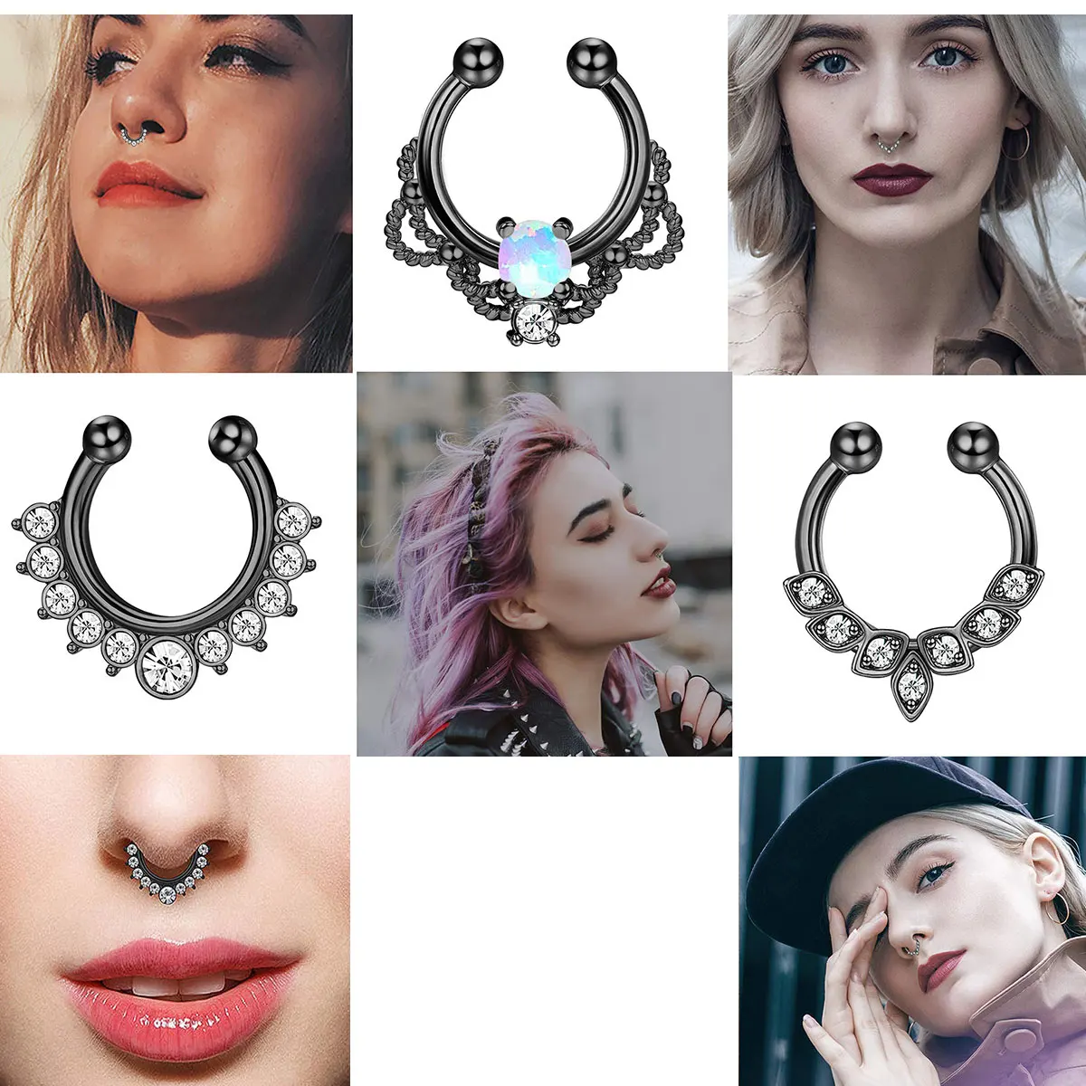 3 stylish 316L stainless steel inset zircon Opal women's false nose ring, nasal septum ring without piercing body jewelry