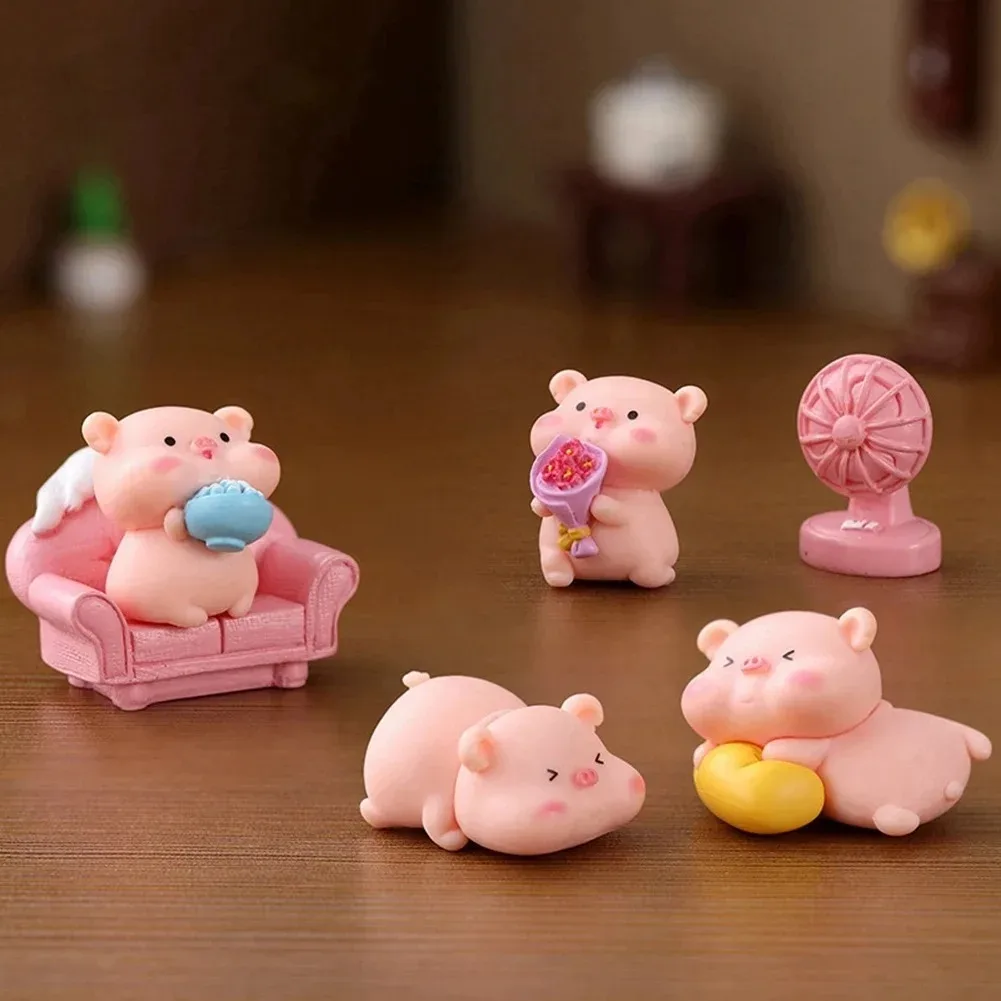 6Pcs Mini Pink Pig Family Simulation Figurines Cute Animal Miniatures DIY Craft Fairy Garden Decor Supplies