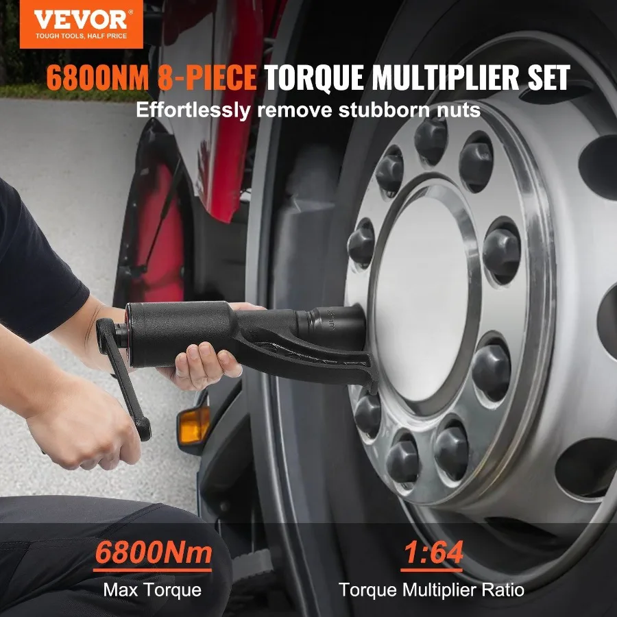 Heavy Duty 1 Inch Drive Torque Multiplier Wrench Set 1:64 Ratio 6 800N.m Lug Nut Remover Includes 8 Sockets 24-38mm Black Finis