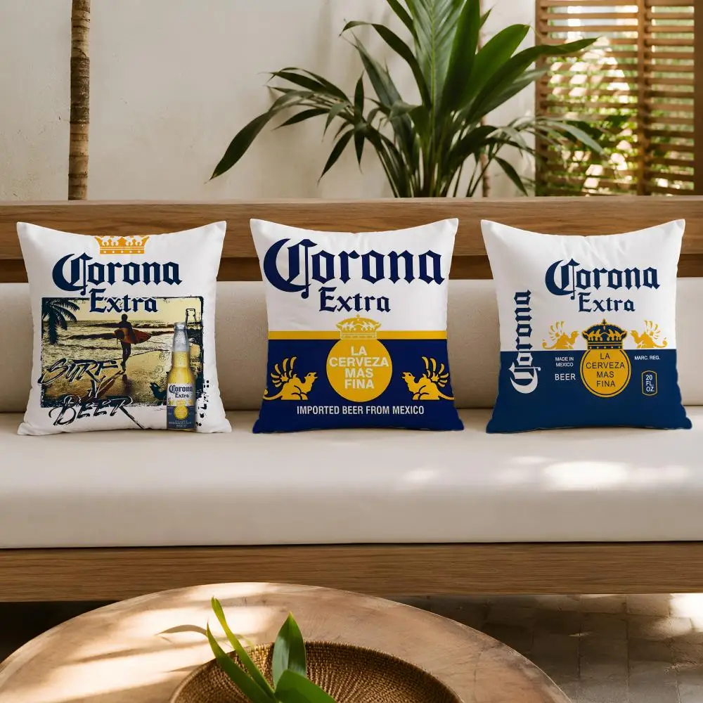 C-CoronaS E-Extra Beer LOGO Cushion Cover Wrinkle-Resistant Short Plush Cushion Covers Breathable Machine-Washable