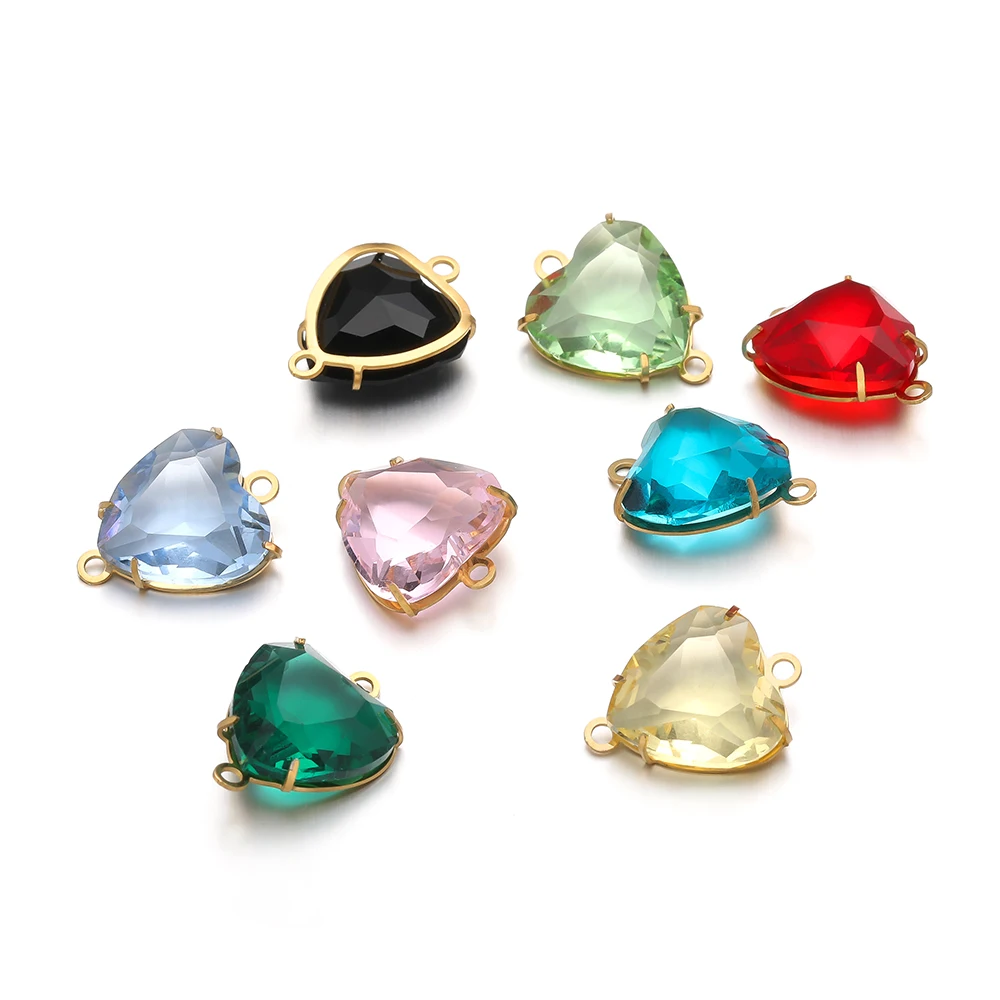 5Pcs Stainless Steel Glass Crystal Heart Double Hole Charms Pendants for DIY Jewelry Bracelets Necklaces Connectors Wholesale