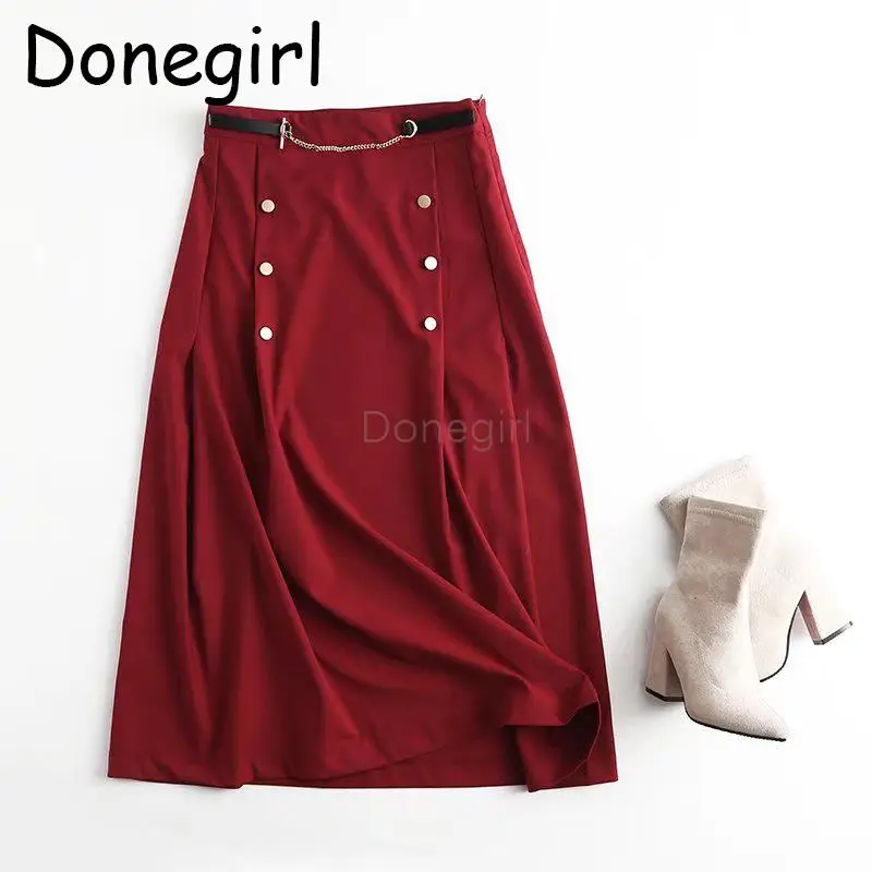 

Donegirl 2023 New Women Spring Autumn High Waist Chain Buttons Decoration Skirt Solid Slim Simple Commute Long Skirt Female Chic