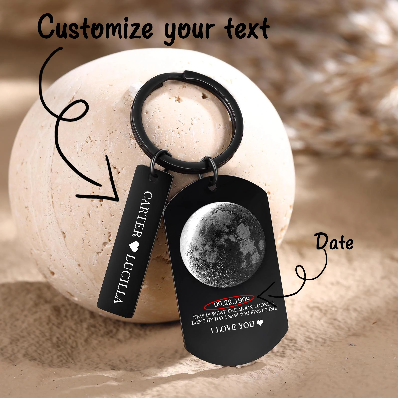 Custom Birth Moon Phase Keychain, Personalized Text with Safe Drive Blessing, Moon Theme Key Ring, Anniversary Gift for Women