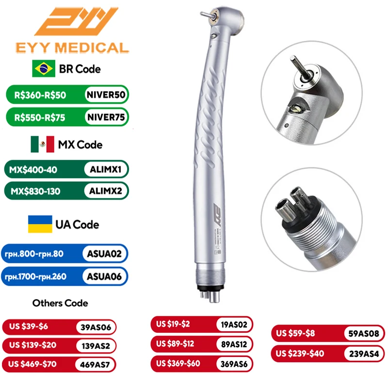 

EYY Dental High Speed Handpiece LED Dental Tips Air Turbine E-generator Push Button 2/4 Hole Torque Head Laboratorio Dental