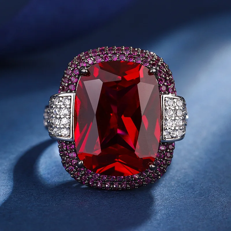 Jewelry Gold Plated Retro Fashion Emerald Red Corundum Fat Square 12*16 Ring for Women