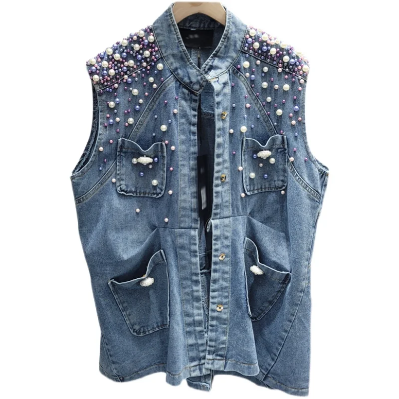 

2022 spring summer new heavy industry shoulder pearl denim vest jacket women loose BF cardigan