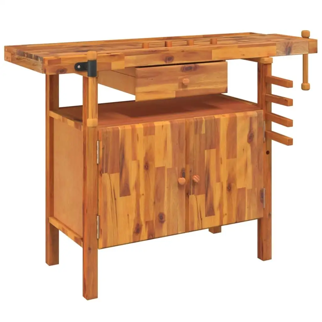 Solid Acacia Wood Workbench with Drawer & Vices - 48.8x20.5x32.7 In - Versatile & Durable