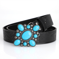 Fashion Bohemian Style Women's Belt Turquoise Inlaid Metal Buckle Personality Vintage Black Embossed PU Leather Belts Plus Size
