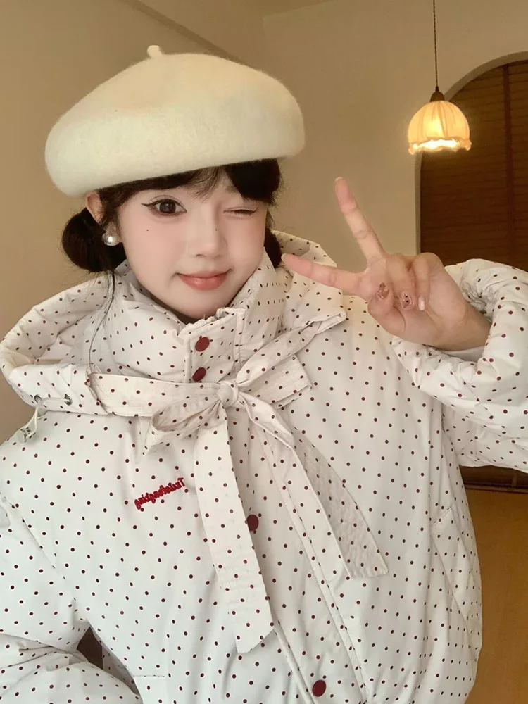 Cute Bow Dot Sweet Parkas Women Vintage Letter Thick Warm Puffy Coat Winter Female Long Sleeve Korean Casual Kawaii Outwear Tops