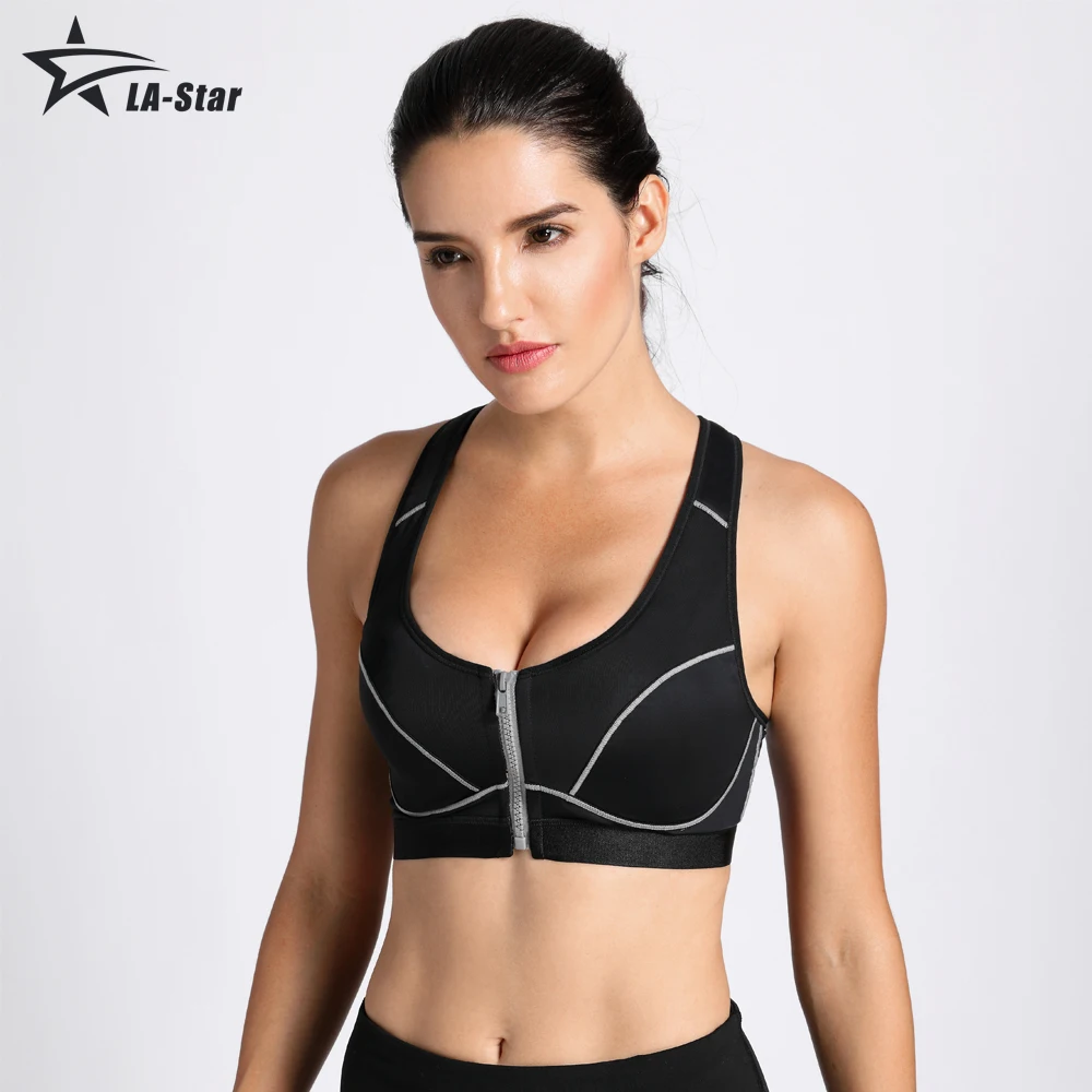 Women High Impact Front Closure Racerback Full Support Wirefree Sports Bra Workout Running Bras Black Tops