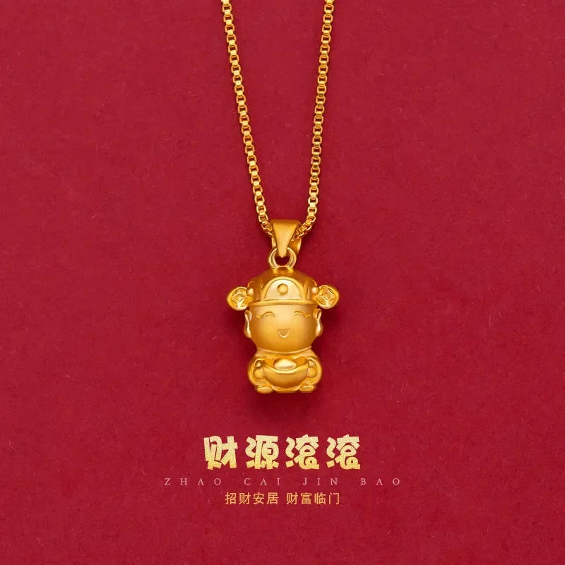 9999 Real Gold 24K Lucky Girl 3D Little God of Wealth Pendant Necklace Cartoon God of Wealth Pendant