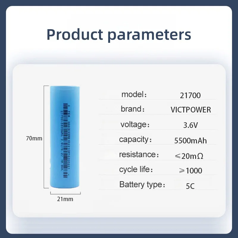 Victpower 10PCS 21700 3.7V 5500mAh 5C  High Magnification Rechargeable Lithium Battery Pack Cylindrical Ion Batteries for Toys