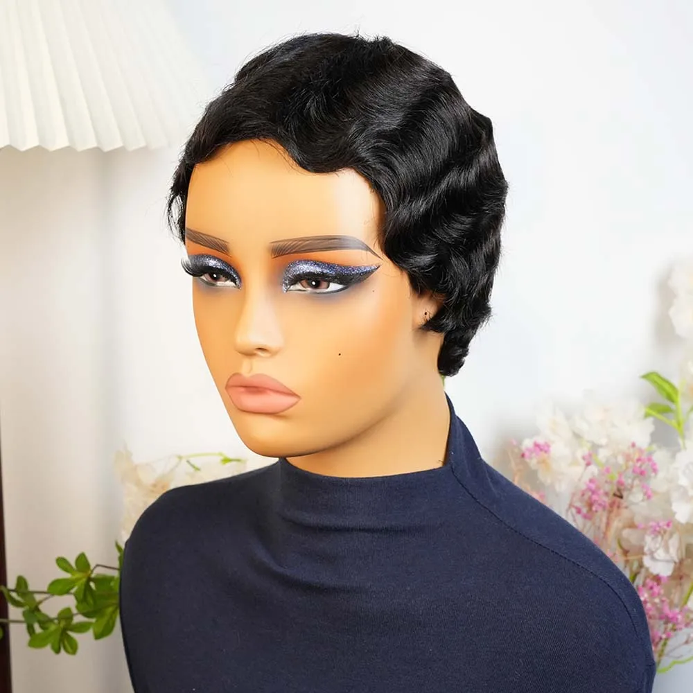 Kurze lockige Pixie-Schnitt-Perücke, kurzer Bob, Echthaar für schwarze Frauen, Fingerwelle, geschichteter Bob, maschinell hergestellte Perücke für Frauen