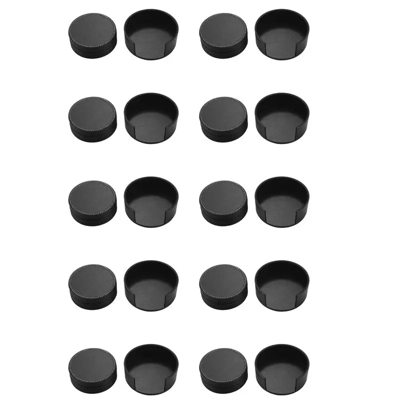 FAST-Set Of 60 Leather Drink Coasters Round Cup Mat Pad For Home And Kitchen Use Black