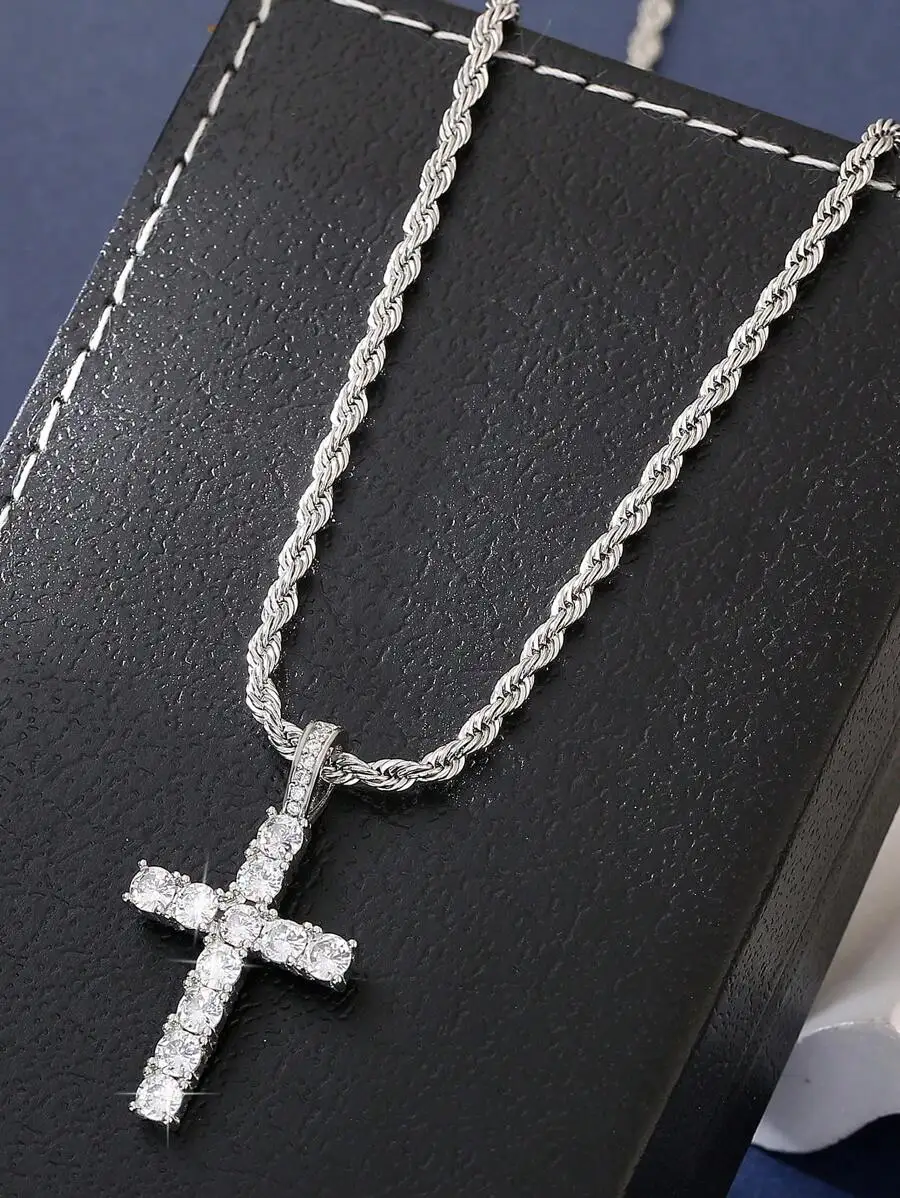 

Silver-Tone Rope Chain Necklace with Full CZ Cross Pendant