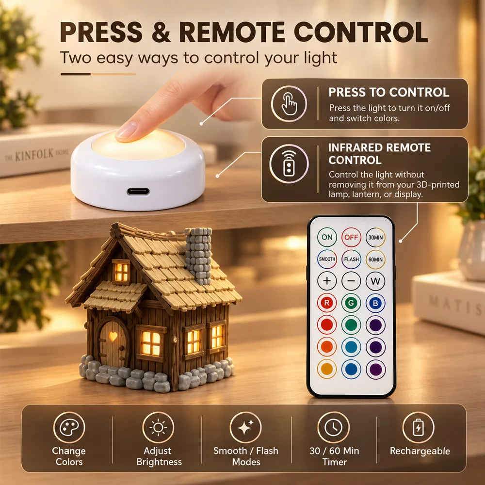 For Bambu Lab KC007 Type C Rechargeable Puck Adjustable Lights Powered RGBW Color Dimmable Warm/White Light Creator 3D Printer