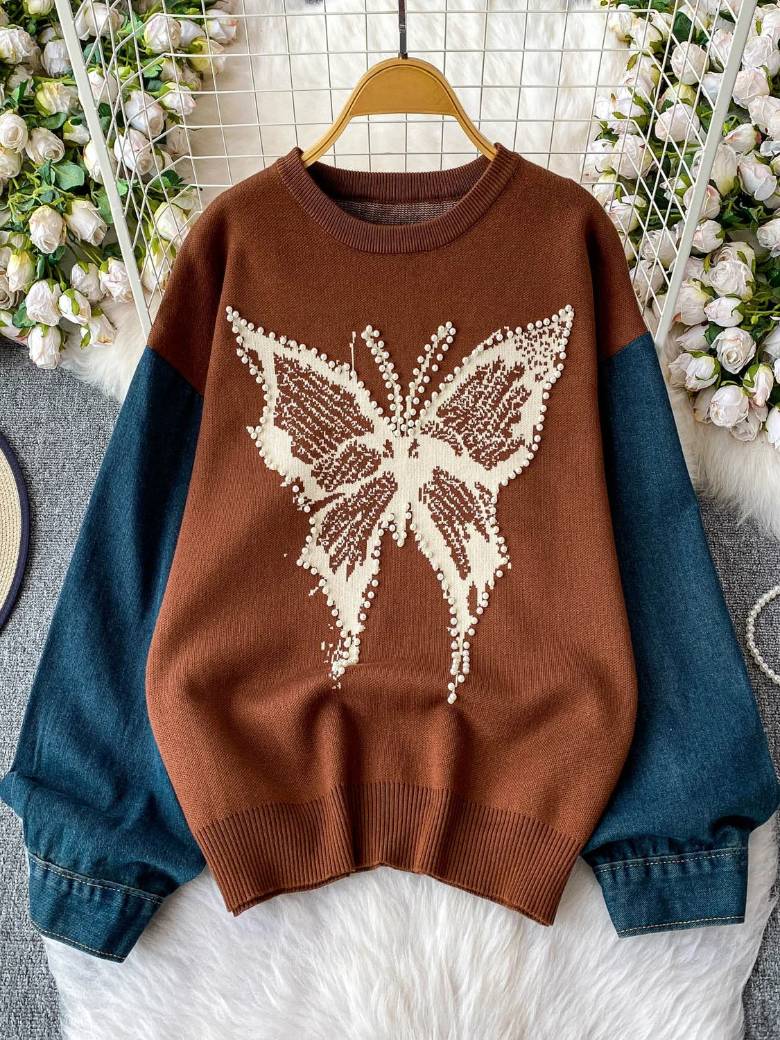 Design Sensation Lange Sve Denim Gebreide Trui Dames Losse Afslankende Top Splicing Glinsterende Kralen Casual Hoodie