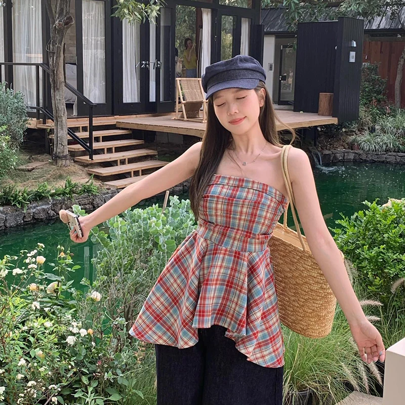 Verão coreano retro xadrez irregular sem alças sem mangas camisola fina para mulher