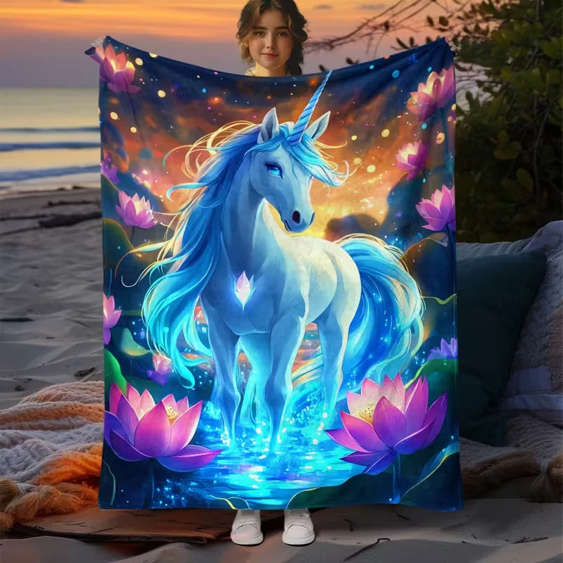 Glowing Blue Unicorn Water Lily Print Soft Flannel Throw Blanket Warm Cozy Blanket For Bedroom Sofa Kid‑friendly Home Decor