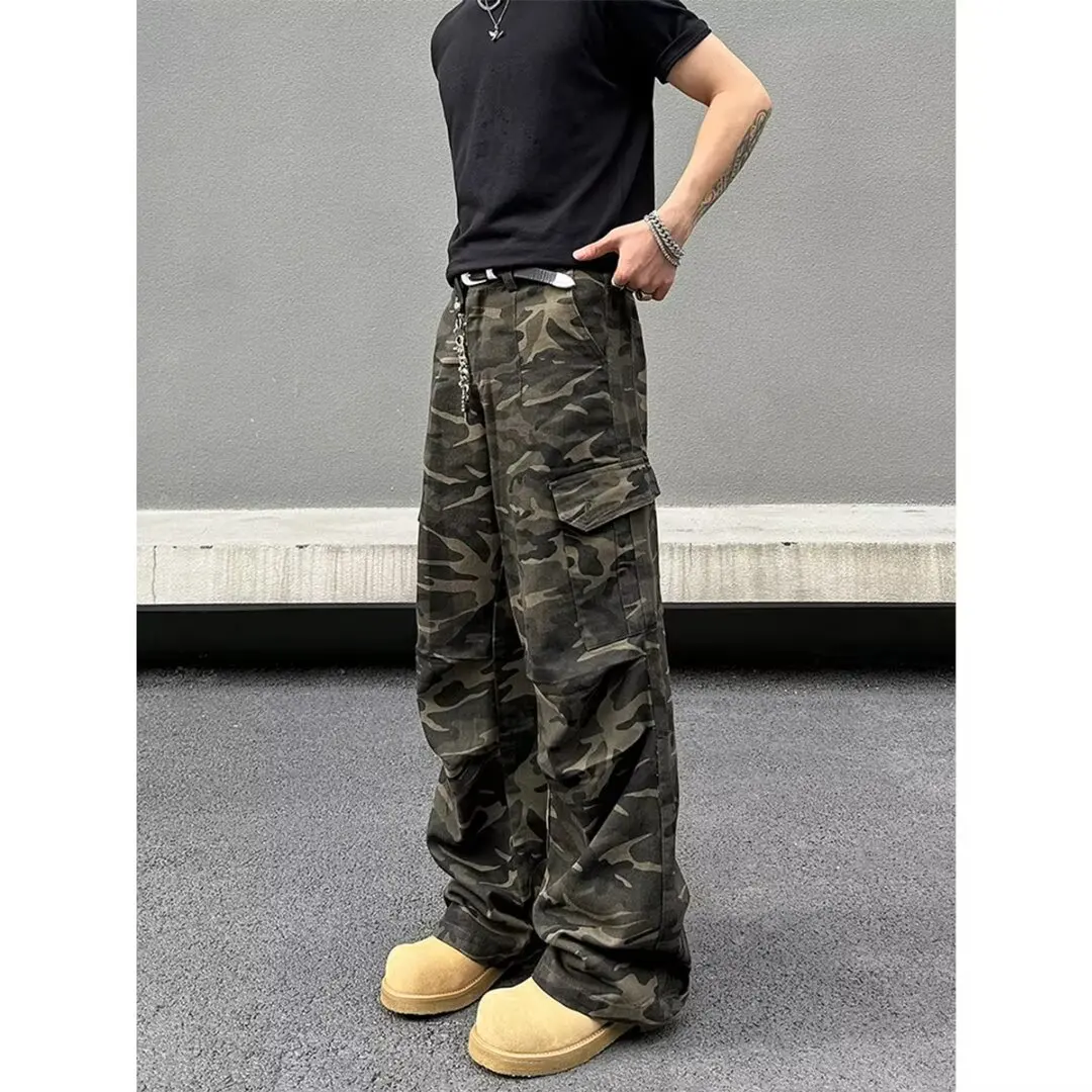 

Американские камуфляжные рабочие брюки в стиле ретро, большие размеры, мужские свободные прямые брюки в стиле хип-хоп, модные повседневные брюки