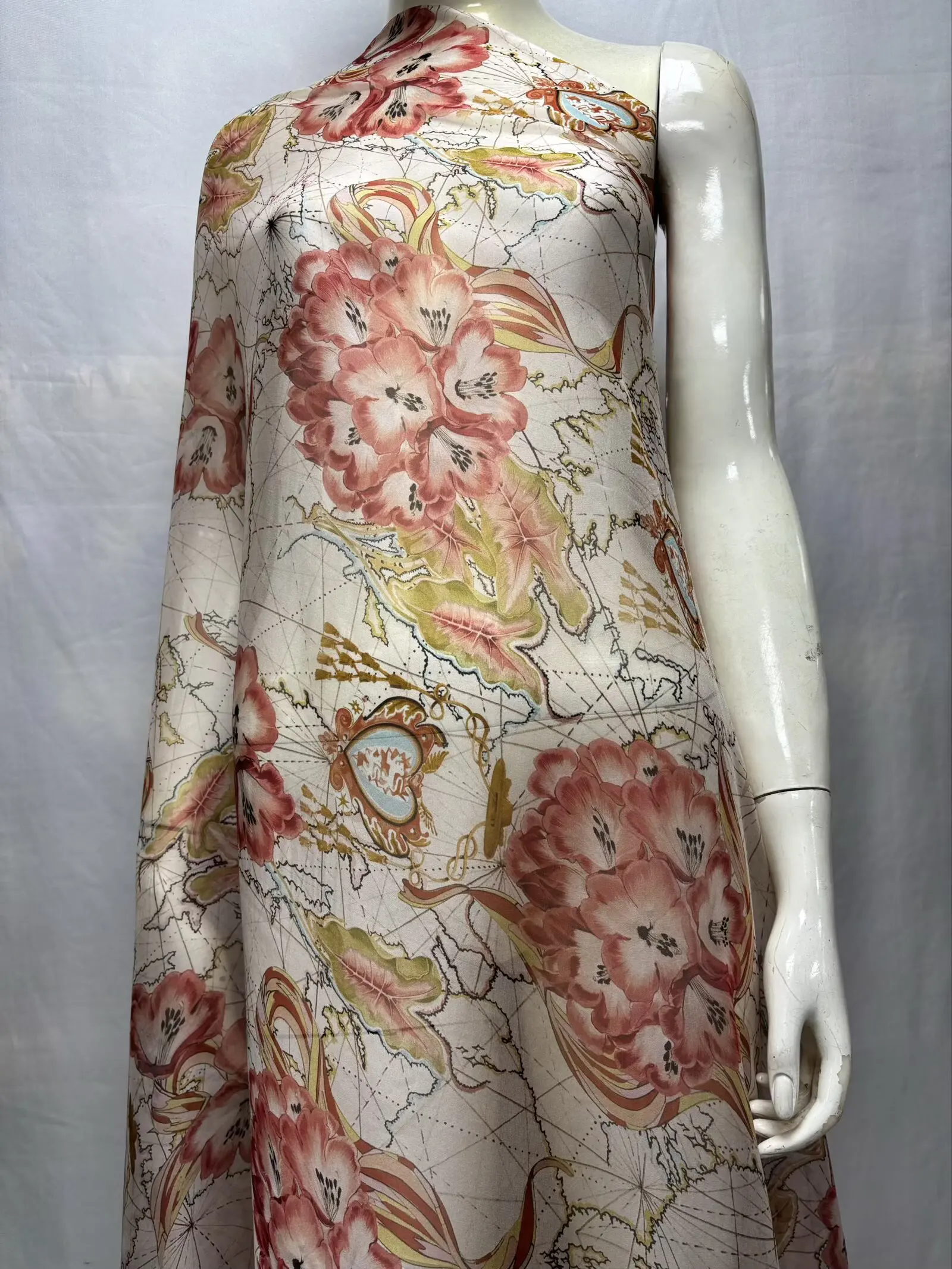 

High -end Soft 100% Real Silk Print Fabric for Sewing Dress Vintage Fowers Silk Material Elastic Stretch Fabric 5yards L5-1104-1