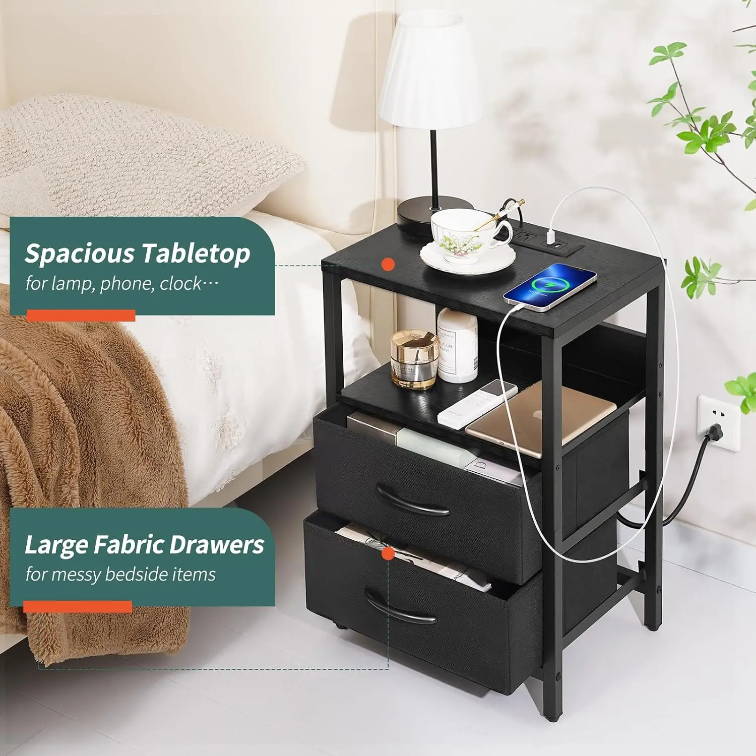 LED Nightstand with Charging Station, USB Ports & Outlets, Fabric Drawers & Shelf for Bedroom, Small Bedside Table, Easy Assembly view 6