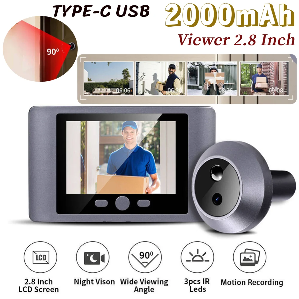 Mini spioncino Smart Wireless Door Viewer Telecamera PIR Motion Detection Visione notturna Videocitofono Schermo da 2,8 pollici 2000mAh