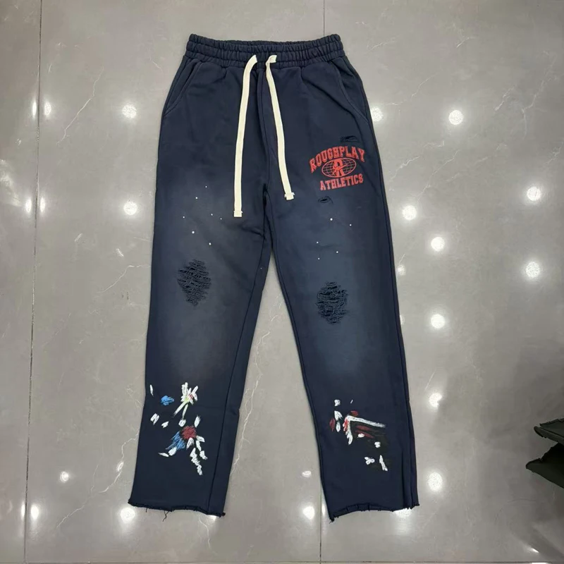 New Personalized Hip-hop Retro Wash Print High-quality Sanitary Pants Comfortable Elastic Waist Roughplay Pants