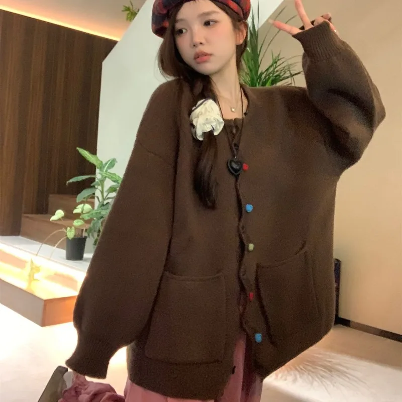 Simple Casual Shirt Round Neck Cardigan Versatile Women's Sweater 2024 Spring Autumn New Plus Size Coat Korean Loose Outwear