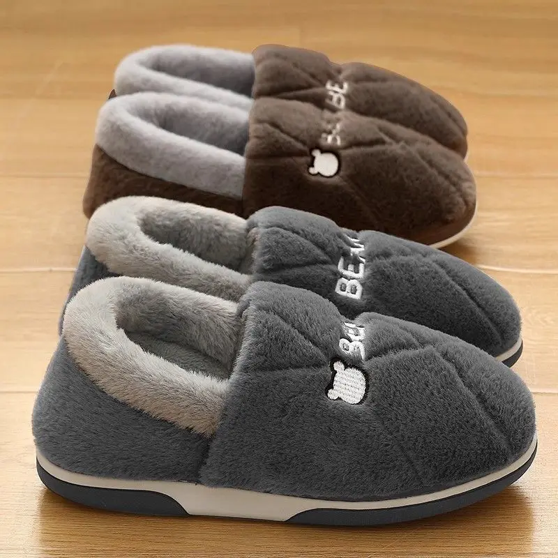 Men Autumn Winter Warm Cotton Slippers Heel Wrap Fuzzy Lined Non Slip Indoor House Shoes Outdoor Durable
