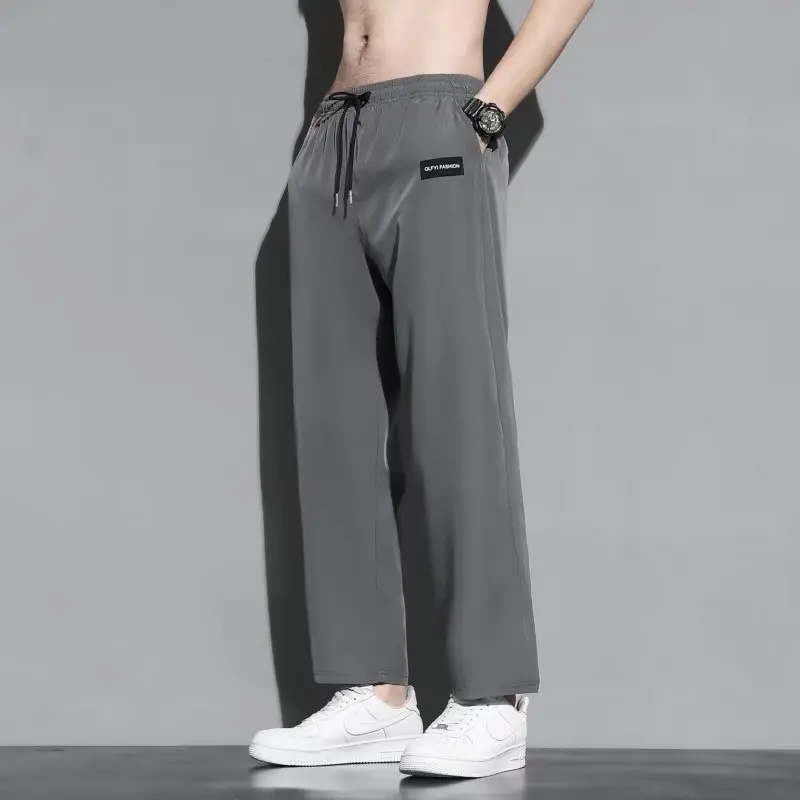 Men's Spring Autumn Solid Drawstring Letter Pockets Elastic High Waisted Sports Loose Casual Wide Leg Floor Mop Trousers Pants
