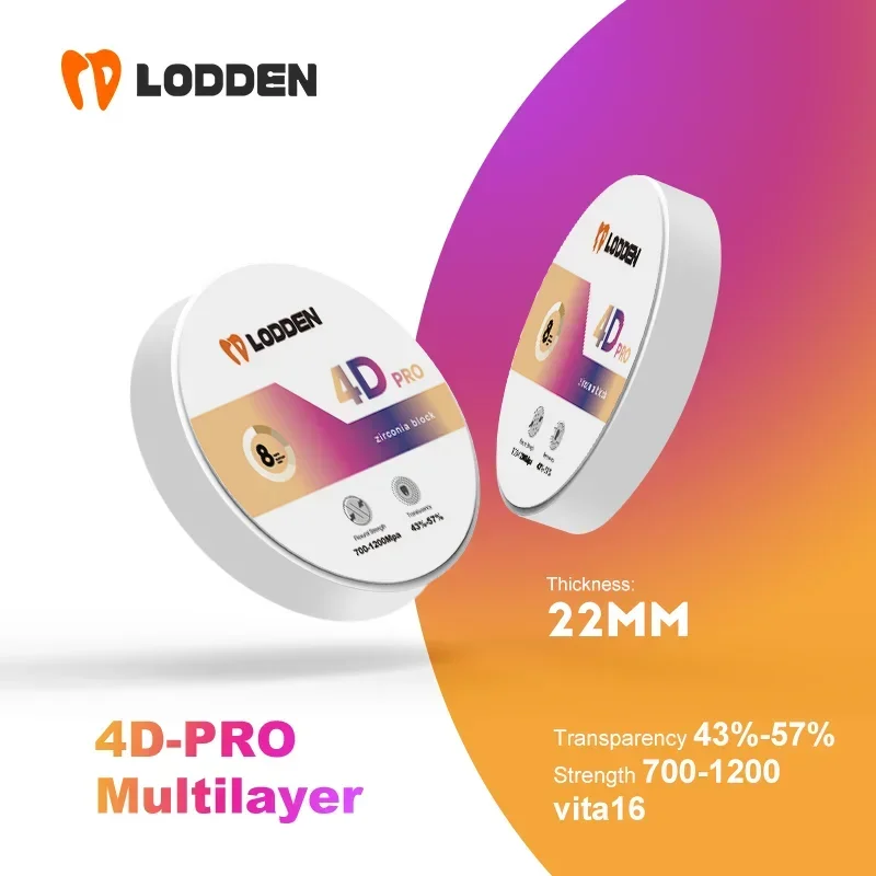 LODDEN 4D PRO blok zirkonia multilapis, Lab gigi 98x22mm sistem CAD CAM tetap Zirconia restorasi bahan kekuatan bengkok