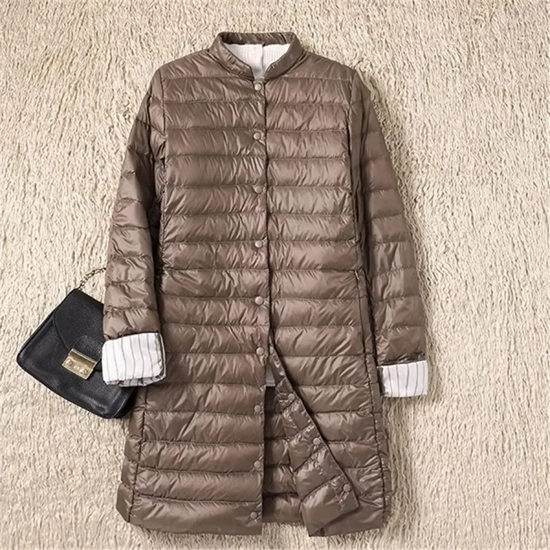 Autumn Winter Midi Long Down Coat Women Ultra Light Thin White Duck Down Jacket Parkas Lady O Neck Warm Bigsize Puffer Outwears