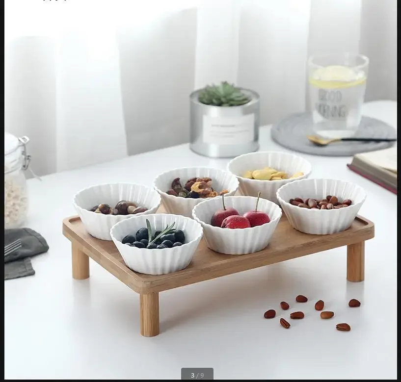 White Ceramic Plate Snacks Platter Fruit Tray Dried Fruit Snack Bowl 6-piece Set Wooden Pallets Dessert Plate Seasoning Dish