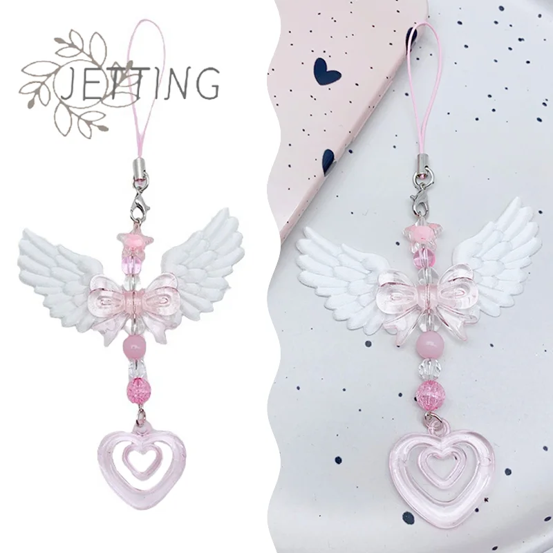 

Hot Lovely Wings Bow Heart Mobile Strap Phone Pendant Chain For Girls Women Fashion Sweet Keychain Bags Decorative Accessory Gif