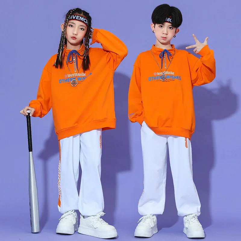 Kid Cool Hip Hop Clothing Orange Lace up Neck Sweatshirt White Casual Jogger Sweat Pants for Girl Boy Jazz Dance Costume Clothes