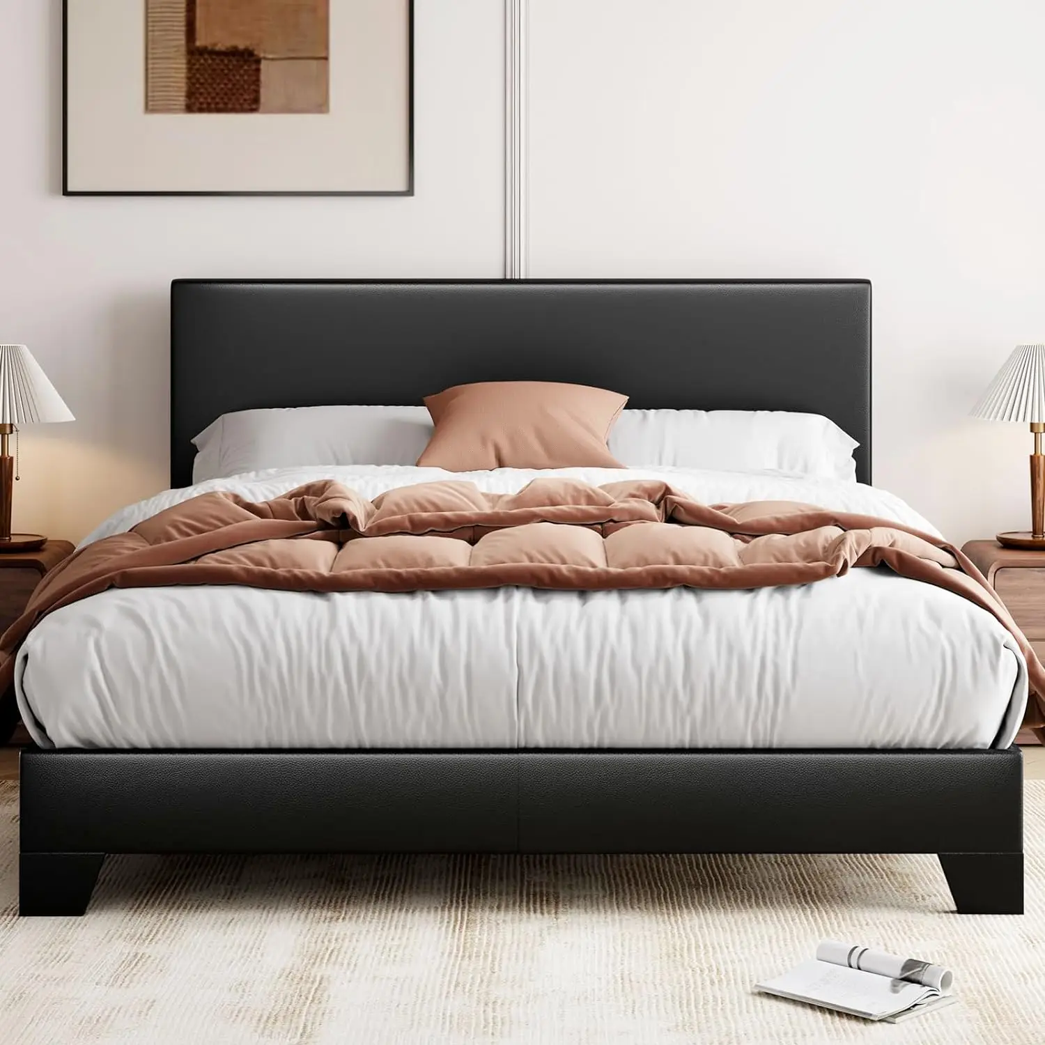 

Full Size Bed Frame with Adjustable Headboard, Faux Leather Platform Bed with Wood Slats, Heavy Duty Mattress Foundation