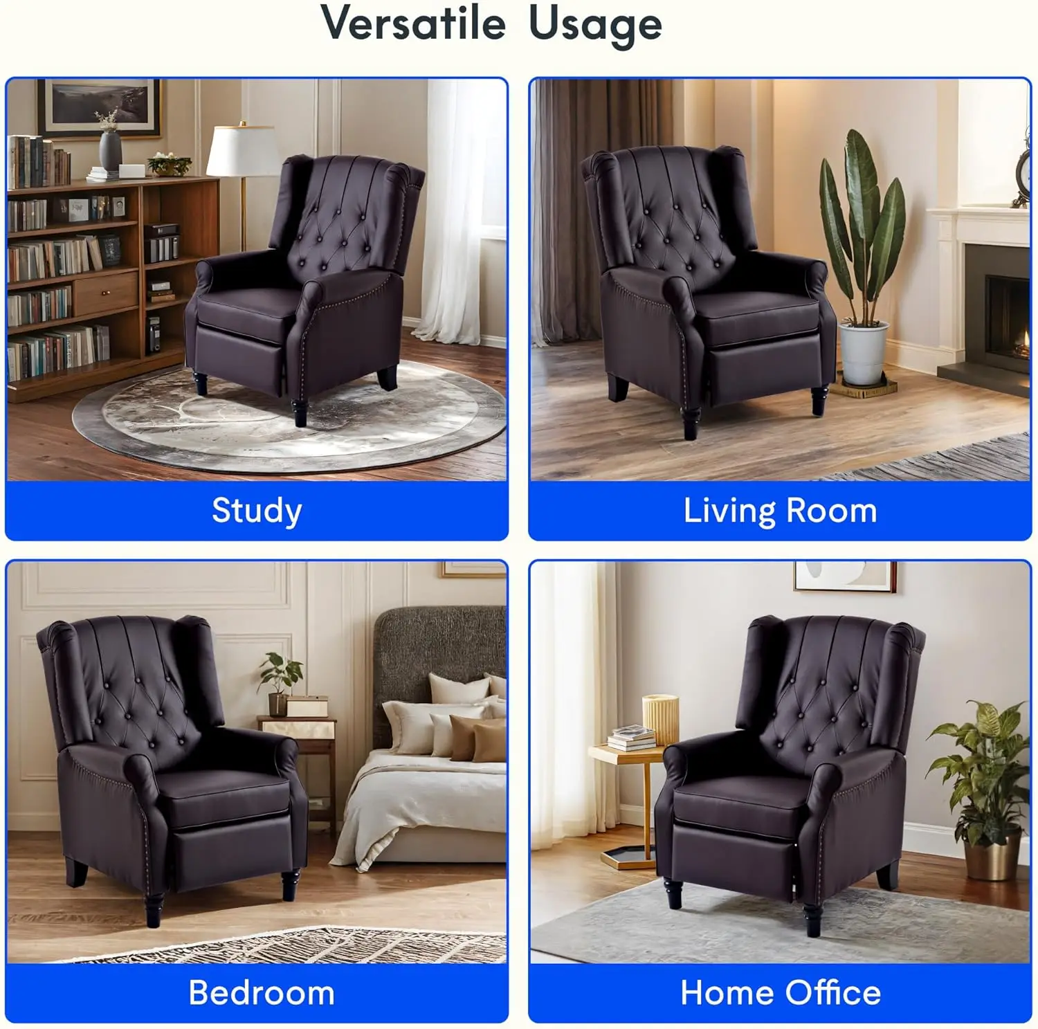 XC5 Pushback Recliner Chair, Tufted Wingback Armchair with Rivet Detail, White Fabric Accent Chair for Living Room, Bedroom, Stu