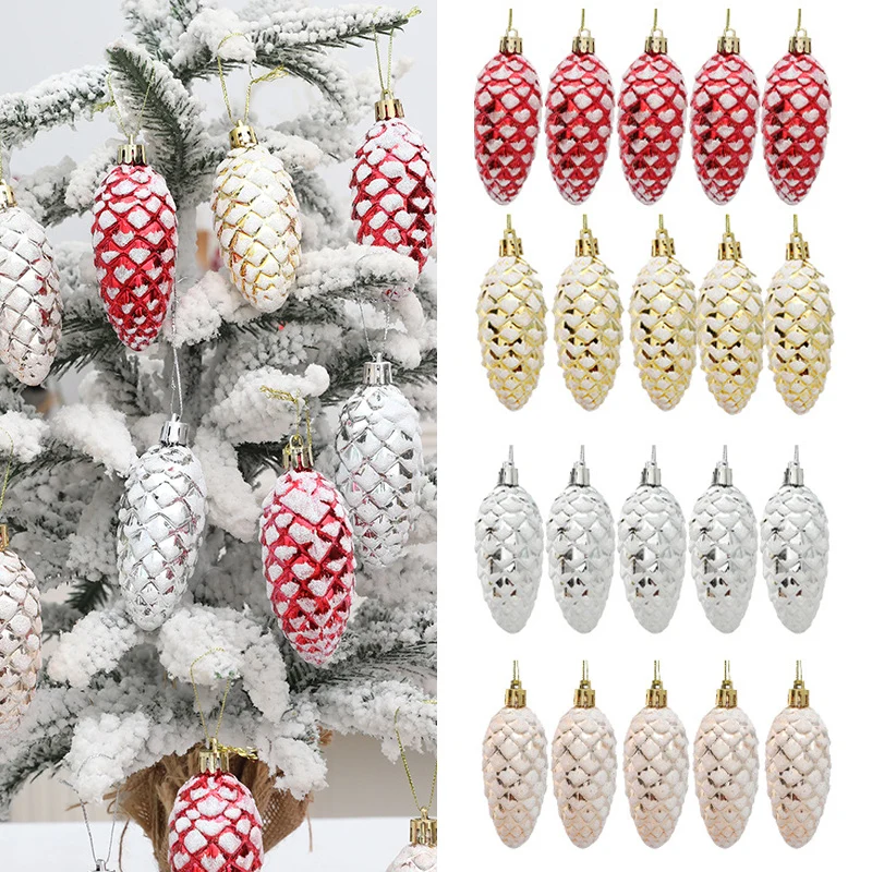 5pcs Xmas Tree Pine Cone Hanging Ornaments Red Gold Silver Pine Cone Balls Pendant DIY Xmas Tree Decoration Navidad 2023