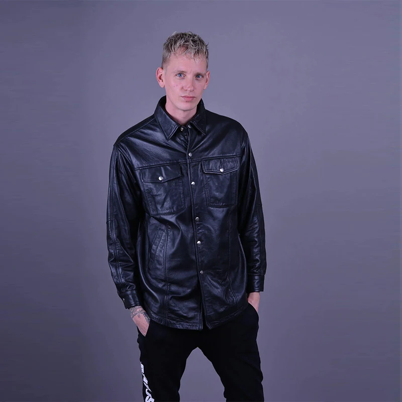 

Black Matte Leather Men Turn-down Collar Single Row Buckle Jackets Coat Male Long Sleeve PU Overcoat Entertainment Casual Custom