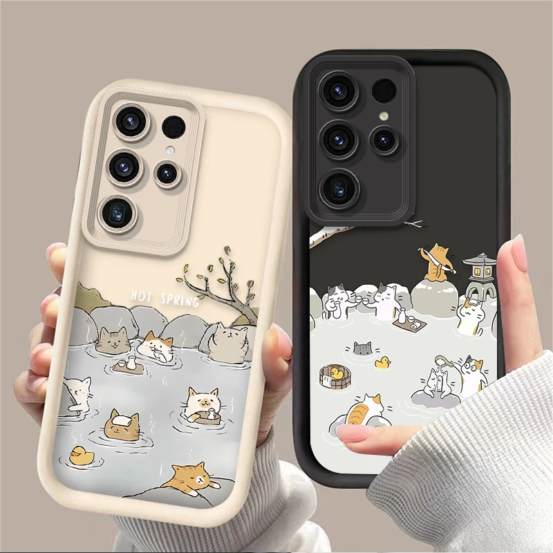 Cartoon Cute Bathing Cat Case for Samsung Galaxy S25 S24 S23 Ultra S22 S21 Plus FE 5G A54 A34 A14 A73 A53 A33 5G Silicone Cover