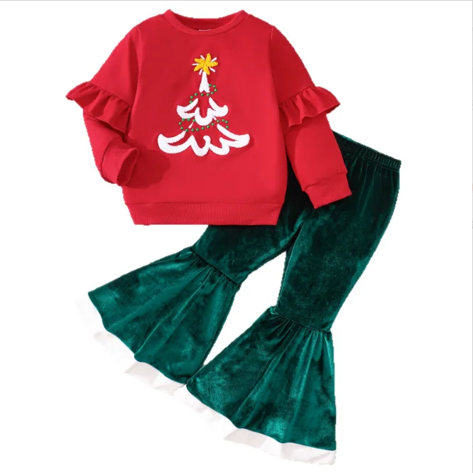 Christmas Outfit Featuring French-knot Style Christmas Tree Red Top and Green Velvet Trousers Girls Boutique Set