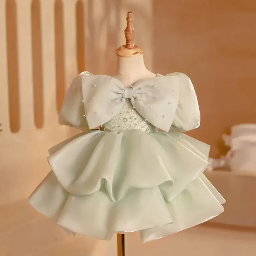 

Children's Princess Evening Gown Bow Pearls Design Kids Wedding Birthday Baptism Party Clothing Girls Christmas Dresses A3321