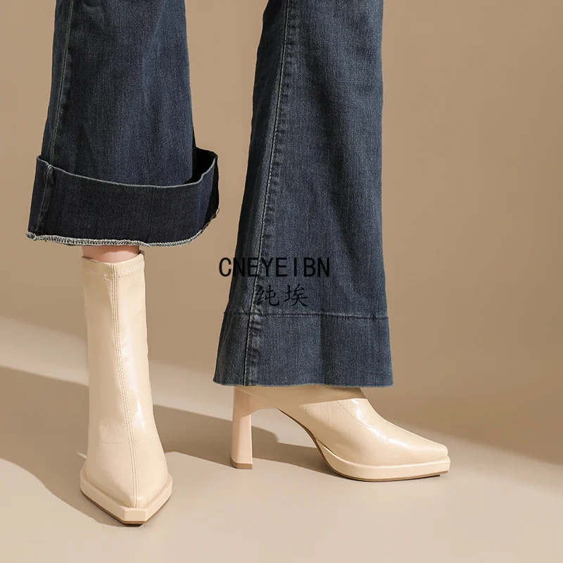 Botines de tacón grueso con punta afilada para mujer, con cremallera trasera, elásticos, ajustados, cortos, elegantes, de tacón alto, botas para mujer.