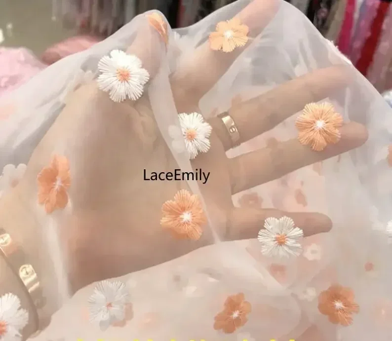 

Orange floral Embroidery organza Lace Fabric Blue Flower Tulle for For Girl Dress Tutu Dress Wedding Dress Bridal Veil 1 yard